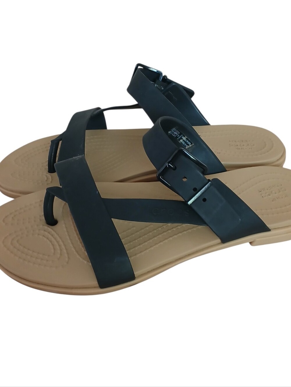 CROCS Tulum Toe Post Sandals Women's 9 Black Strappy Buckle Comfort Rubber